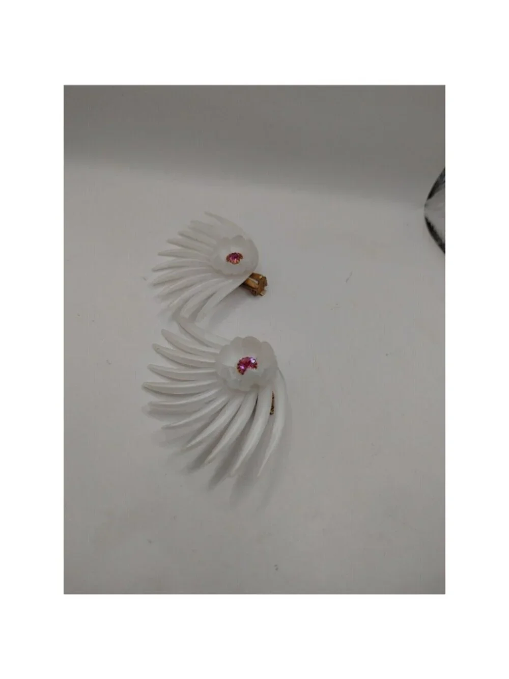 Vintage clip On Earrings White Plastic Pink Rhinestone Center  # 1